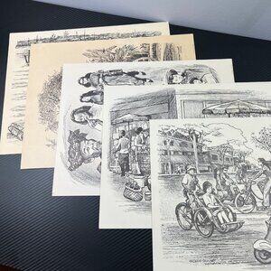 George Stewart Vietnam Prints Set of 5 Black & White Sketch Art Printed In Japan